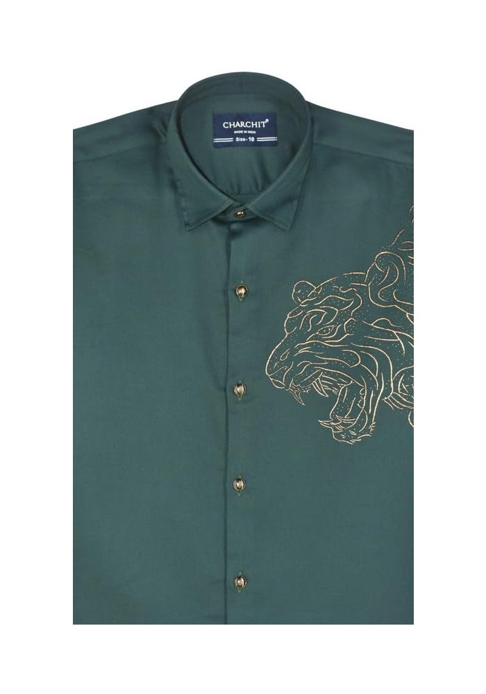 CHARCHIT Boys Regular Fit Printed Full Sleeve Shirt in Rama Green - Image 5